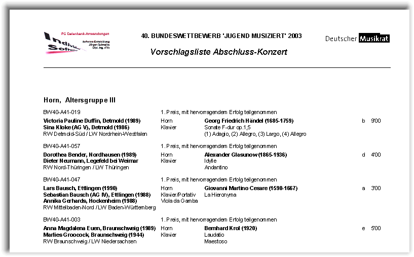 Vorschlagsliste Abschluss-Konzert